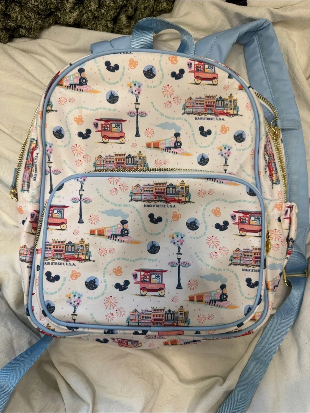 Stoney Clover Lane Mini Backpack - Light Blue Trim with Cream Print